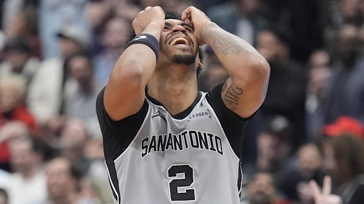 Feb 25, 2026; Toronto, Ontario, CAN; San Antonio Spurs guard Dylan Harper (2) reacts after missing two free throws against the Toronto Raptors during the second half at Scotiabank Arena. Mandatory Credit: John E. Sokolowski-Imagn Images