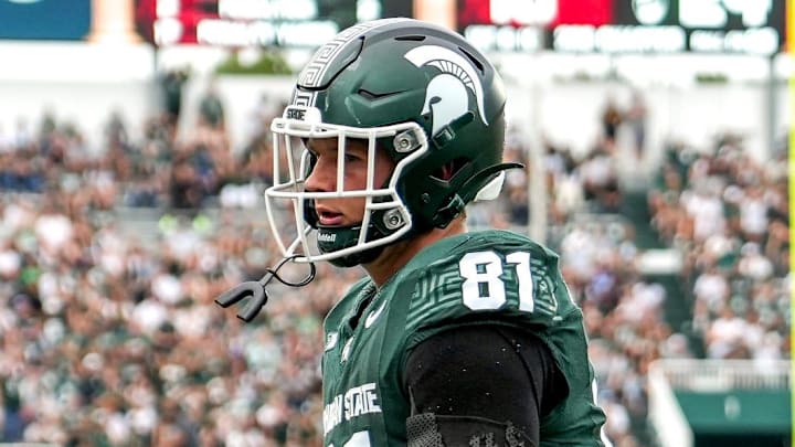 Michigan State's Michael Masunas catches a touchdown pass against Youngstown State during the third quarter on Saturday, Sept. 13, 2025, at Spartan Stadium in East Lansing.