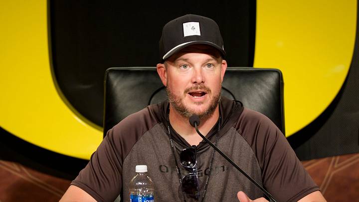 Oregon head coach Dan Lanning speaks during a press conference on Aug. 18, 2026, at the Hatfield-Dowlin Complex in Eugene, Oregon.