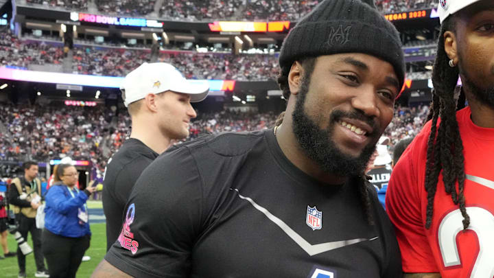 Feb 5, 2023; Paradise, Nevada, USA; NFC running back Dalvin Cook of the Minnesota Vikings (4) and AFC running back Derrick Henry of the Tennessee Titans (22) pose during the Pro Bowl Games at Allegiant Stadium. 