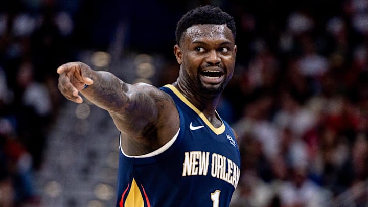 Oct 24, 2025; New Orleans, Louisiana, USA;  New Orleans Pelicans forward Zion Williamson (1) reacts to a play against the San Antonio Spurs during the second half at Smoothie King Center. Mandatory Credit: Stephen Lew-Imagn Images