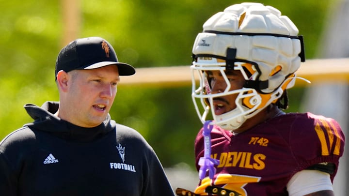 Arizona State head coach Kenny Dillingham watches his team as they run drills during a spring practice at Kajikawa practice fields in Tempe, Ariz. on April 14, 2026.