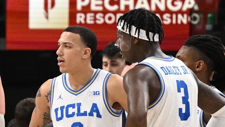Dec 28, 2024; Inglewood, California, USA; UCLA Bruins head coach Mick Cronin talks to his team during a timeout in the second half against the Gonzaga Bulldogs at Intuit Dome. Mandatory Credit: Robert Hanashiro-Imagn Images
