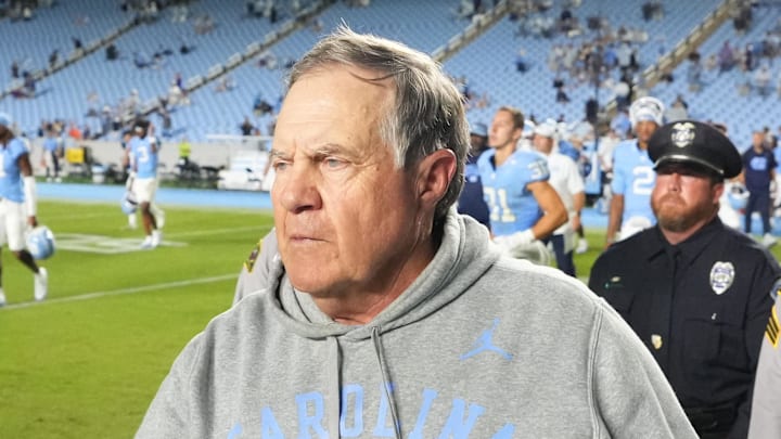 Sep 1, 2025; Chapel Hill, North Carolina, USA; North Carolina Tar Heels head coach Bill Belichick with TCU Horned Frogs head coach Sonny Dykes after the game at Kenan Stadium. Mandatory Credit: Bob Donnan-Imagn Images