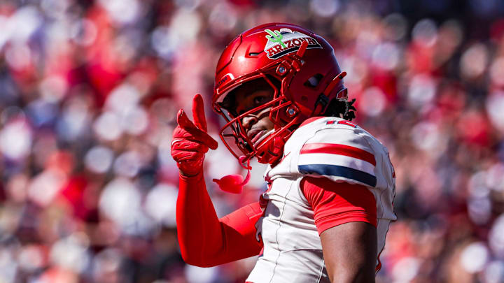 Oct 4, 2025; Tucson, Arizona, USA; Arizona Wildcats wide receiver Tre Spivey (12) celebrates after a play during the third quarter of the game against the Oklahoma State Cowboys at Arizona Stadium. Mandatory Credit: Aryanna Frank-Imagn Images Oct 4, 2025; Tucson, Arizona, USA; Arizona Wildcats wide receiver Tre Spivey (12) celebrates after a play during the third quarter of the game against the Oklahoma State Cowboys at Arizona Stadium. Mandatory Credit: Aryanna Frank-Imagn Images