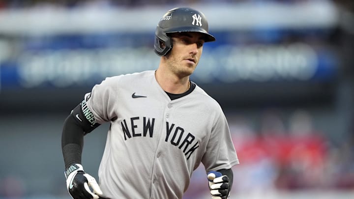 Oct 5, 2025; Toronto, Ontario, CAN; New York Yankees left fielder Cody Bellinger (35) rounds the bases after hitting a home run in the sixth inning against the Toronto Blue Jays during game two of the ALDS round for the 2025 MLB playoffs at Rogers Centre. Mandatory Credit: Kevin Sousa-Imagn Images