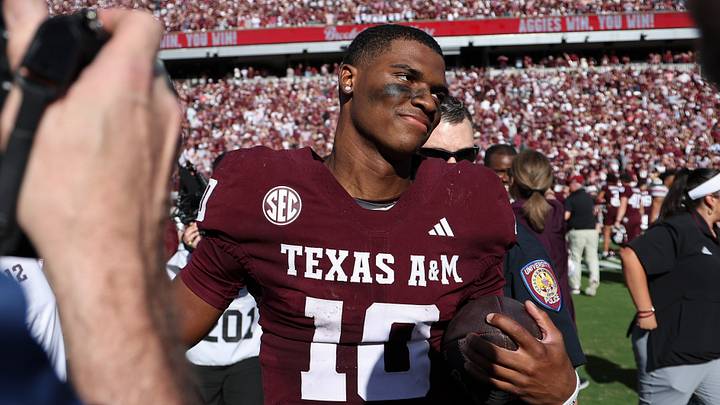 Nov 15, 2025; College Station, Texas, USA; Texas A&M Aggies quarterback Marcel Reed (10) walks on the field after the game against the South Carolina Gamecocks at Kyle Field. Mandatory Credit: Troy Taormina-Imagn Images
