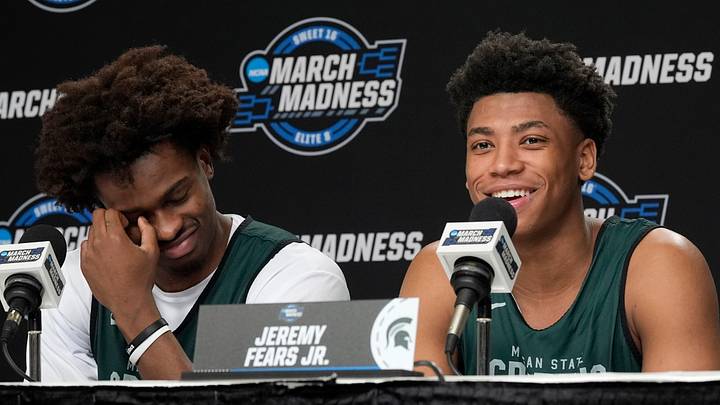 Michigan State basketball players Coen Carr, left, and Jeremy Fears Jr., right, have a laugh talking about their coach Tom Izzo during a press conference at Capital One Arena in Washington DC on Thursday, March 26, 2026. Michigan State basketball players Coen Carr, left, and Jeremy Fears Jr., right, have a laugh talking about their coach Tom Izzo during a press conference at Capital One Arena in Washington DC on Thursday, March 26, 2026.