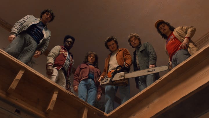 STRANGER THINGS. (L to R) Finn Wolfhard as Mike Wheeler, Caleb McLaughlin as Lucas Sinclair, Natalia Dyer as Nancy Wheeler, Joe Keery as Steve Harrington, Charlie Heaton as Jonathan Byers, and Gaten Matarazzo as Dustin Henderson in STRANGER THINGS. Cr. Courtesy of Netflix © 2025 STRANGER THINGS. (L to R) Finn Wolfhard as Mike Wheeler, Caleb McLaughlin as Lucas Sinclair, Natalia Dyer as Nancy Wheeler, Joe Keery as Steve Harrington, Charlie Heaton as Jonathan Byers, and Gaten Matarazzo as Dustin Henderson in STRANGER THINGS. Cr. Courtesy of Netflix © 2025
