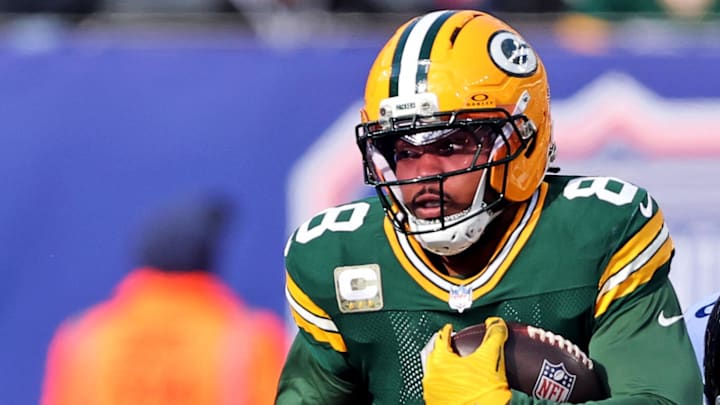 Green Bay Packers running back Josh Jacobs suffered his knee injury against the Giants. Green Bay Packers running back Josh Jacobs suffered his knee injury against the Giants.