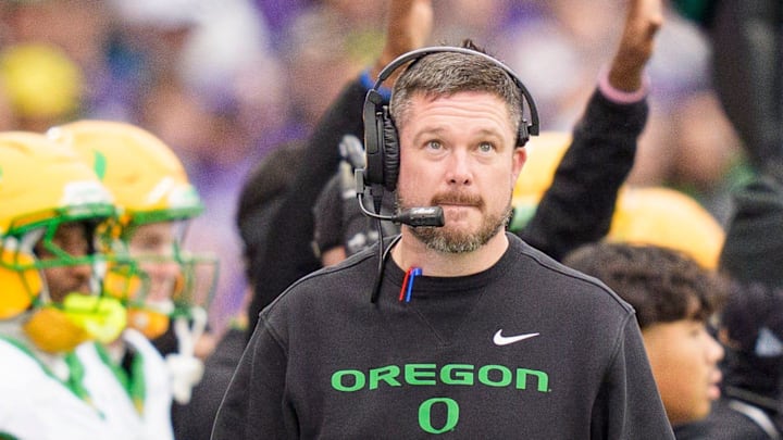 Oregon head coach Dan Lanning walks the sideline as the Oregon Ducks take on the Washington Huskies on Nov. 29, 2025, at Husky Stadium in Seattle, Washington.