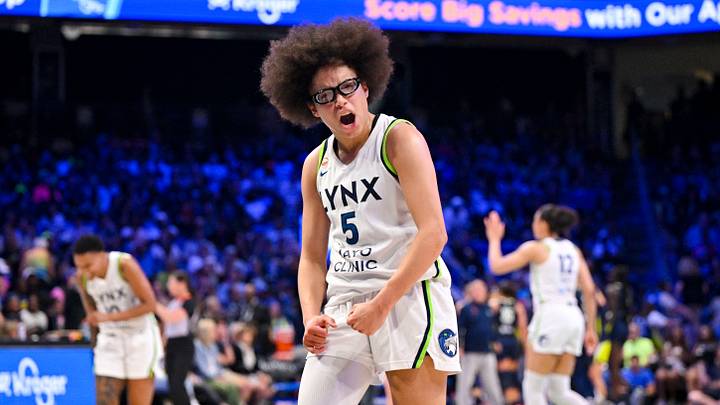 Jun 28, 2026; Arlington, Texas, USA; Minnesota Lynx guard Olivia Miles (5) celebrates during the second half against the Dallas Wings at College Park Center. Mandatory Credit: Jerome Miron-Imagn Images Jun 28, 2026; Arlington, Texas, USA; Minnesota Lynx guard Olivia Miles (5) celebrates during the second half against the Dallas Wings at College Park Center. Mandatory Credit: Jerome Miron-Imagn Images