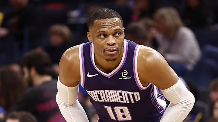 Jan 9, 2026; San Francisco, California, USA; Sacramento Kings guard Russell Westbrook (18) between plays against the Golden State Warriors during the third quarter at Chase Center.