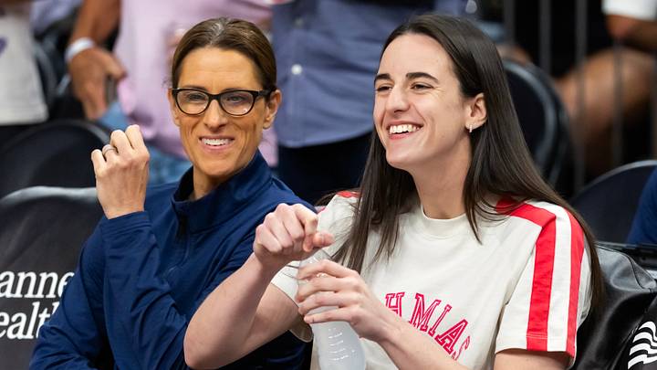 Phoenix, Arizona, USA; Indiana Fever injured guard Caitlin Clark (right) with head coach Stephanie White against the Phoenix Mercury during an WNBA game at PHX Arena on August 7, 2025.