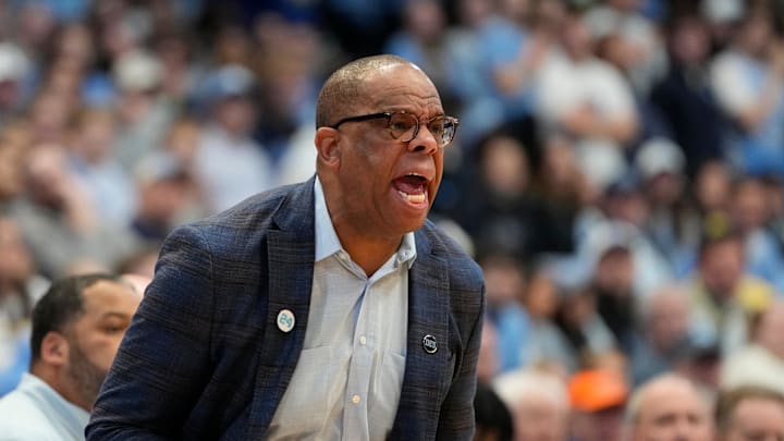 Feb 8, 2025; Chapel Hill, North Carolina, USA;  North Carolina Tar Heels head coach Hubert Davis reacts in the first half at Dean E. Smith Center. Mandatory Credit: Bob Donnan-Imagn Images