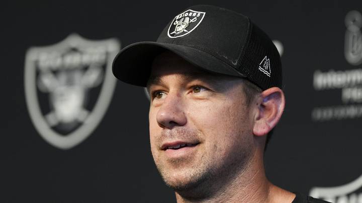 May 20, 2026; Henderson, NV, USA; Las Vegas Raiders head coach Klint Kubiak speaks during a news conference during organized team activities at Intermountain Health Performance Center. Mandatory Credit: Candice Ward-Imagn Images