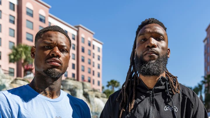March 12, 2025; Orlando, Florida, USA: Austin Williams and Patrice Volney face-off prior to the Matchroom Boxing card on March 15, 2025 at Caribe Royale in Orlando, Florida. (Photo by Melina Pizano/Matchroom.)