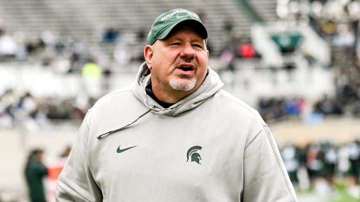 Michigan State offensive line coach Jim Michalczik works with players during the Spring Showcase on Saturday, April 20, 2024, at Spartan Stadium in East Lansing. Michigan State offensive line coach Jim Michalczik works with players during the Spring Showcase on Saturday, April 20, 2024, at Spartan Stadium in East Lansing.