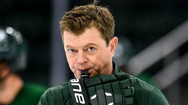 Michigan State's head coach Adam Nightingale blows a whistle in practice during hockey media day on Wednesday, Sept. 27, 2023, at Munn Arena in East Lansing. Michigan State's head coach Adam Nightingale blows a whistle in practice during hockey media day on Wednesday, Sept. 27, 2023, at Munn Arena in East Lansing.