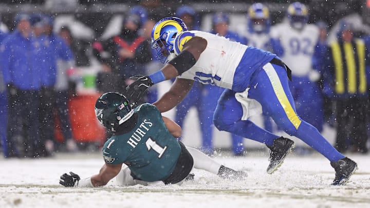 Hurts was sacked seven times Sunday, as the Eagles tried to keep the ball in his hands.