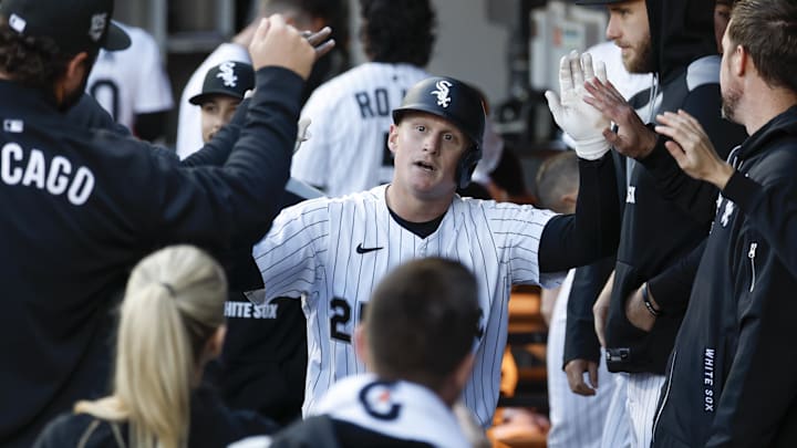 Chicago White Sox designated hitter Andrew Vaughn (25) celebrates after hitting a solo home run against the Miami Marlins at Rate Field.