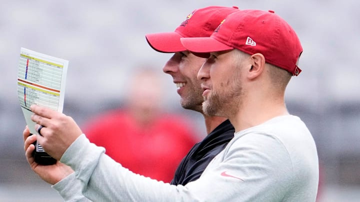 Jul 27, 2023; Phoenix, AZ, USA; Arizona Cardinals defensive coordinator Nick Rallis talks to head coach Jonathan Gannon during training camp at State Farm Stadium. Mandatory Credit: Rob Schumacher-Arizona Republic