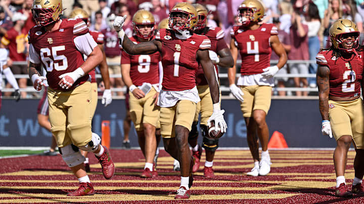 Aug 30, 2025; Chestnut Hill, Massachusetts, USA; Boston College Eagles wide receiver Jaedn Skeete (1) reacts to scoring a touchdown against the Fordham Rams during the first half at Alumni Stadium. Mandatory Credit: Eric Canha-Imagn Images Aug 30, 2025; Chestnut Hill, Massachusetts, USA; Boston College Eagles wide receiver Jaedn Skeete (1) reacts to scoring a touchdown against the Fordham Rams during the first half at Alumni Stadium. Mandatory Credit: Eric Canha-Imagn Images