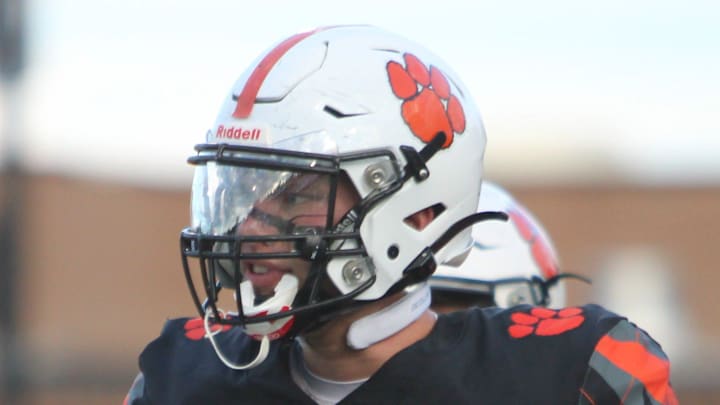 Brighton offensive lineman Jack Carlson prepares for the next play during a season-opening football game against Dexter on Thursday, Aug. 28, 2025. Brighton offensive lineman Jack Carlson prepares for the next play during a season-opening football game against Dexter on Thursday, Aug. 28, 2025.