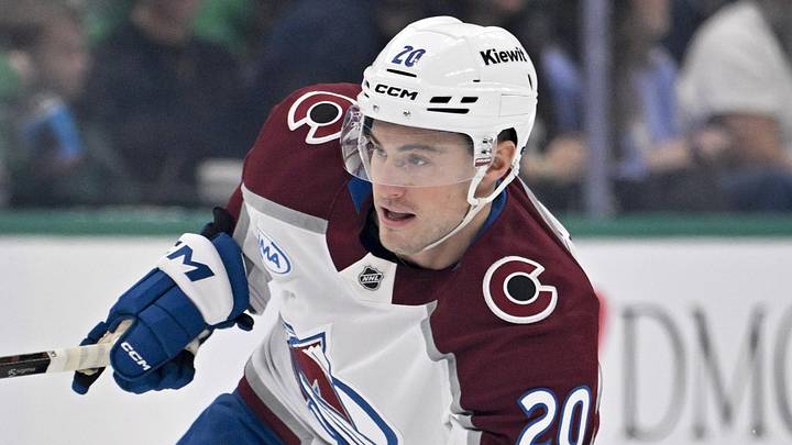 Apr 4, 2026; Dallas, Texas, USA; Colorado Avalanche center Ross Colton (20) skates against the Dallas Stars during the game between the Stars and the Avalanche at American Airlines Center. Mandatory Credit: Jerome Miron-Imagn Images
