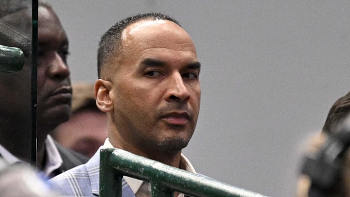 Apr 9, 2025; Dallas, Texas, USA; Dallas Mavericks general manager Nico Harrison looks on during the third quarter against the Los Angeles Lakers at the American Airlines Center. Mandatory Credit: Jerome Miron-Imagn Images