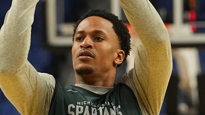 Mar 18, 2026; Buffalo, NY, USA; Michigan State Spartans forward Kaleb Glenn (8) shoots the ball during a practice session ahead of the first round of the men's 2026 NCAA Tournament at Keybank Center.