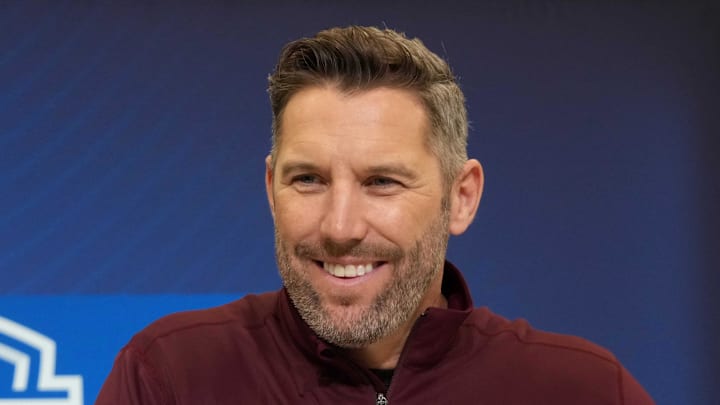 Feb 25, 2025; Indianapolis, IN, USA; Washington Commanders general manager Adam Peters speaks during the NFL Scouting Combine at the Indiana Convention Center. Mandatory Credit: Kirby Lee-Imagn Images