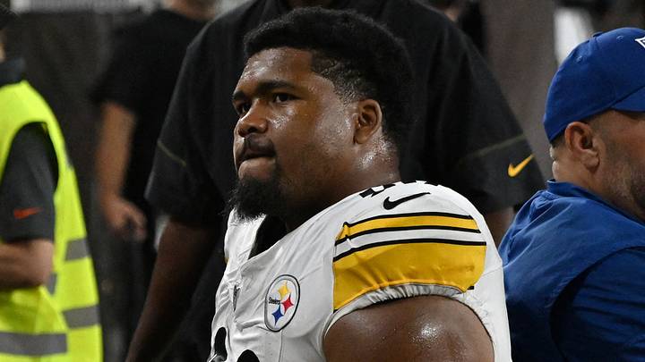 Pittsburgh Steelers defensive tackle Derrick Harmon being taken off the field for an injury Pittsburgh Steelers defensive tackle Derrick Harmon being taken off the field for an injury