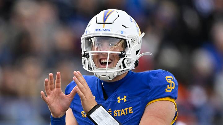 Nov 29, 2024; San Jose, California, USA; San Jose State Spartans quarterback Walker Eget (5) waits for the snap against the Stanford Cardinal in the third quarter at CEFCU Stadium. Mandatory Credit: Eakin Howard-Imagn Images