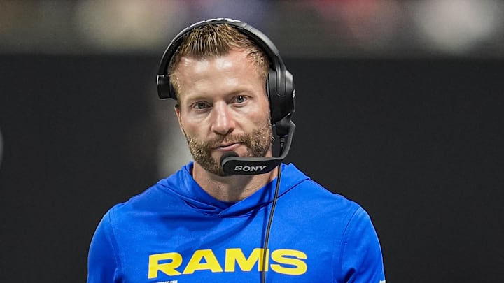 Dec 29, 2025; Atlanta, Georgia, USA; Los Angeles Rams head coach Sean McVay reacts on the sidelines during the game against the Atlanta Falcons at Mercedes-Benz Stadium. Mandatory Credit: Dale Zanine-Imagn Images