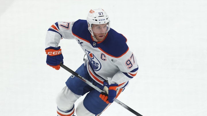 Dec 16, 2025; Pittsburgh, Pennsylvania, USA; Edmonton Oilers center Connor McDavid (97) skates into the offensive zone with the puck against the Pittsburgh Penguins during the third period at PPG Paints Arena. Mandatory Credit: Charles LeClaire-Imagn Images Dec 16, 2025; Pittsburgh, Pennsylvania, USA; Edmonton Oilers center Connor McDavid (97) skates into the offensive zone with the puck against the Pittsburgh Penguins during the third period at PPG Paints Arena. Mandatory Credit: Charles LeClaire-Imagn Images