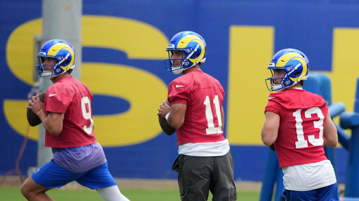 Los Angeles Rams quarterbacks Matthew Stafford (9), Jimmy Garoppolo (11), and Stetson Bennett (13). Mandatory Credit: Kirby Lee-Imagn Images