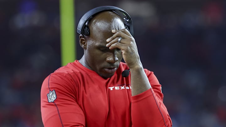 Nov 10, 2024; Houston, Texas, USA; Houston Texans head coach DeMeco Ryans reacts during the third quarter against the Detroit Lions at NRG Stadium. Mandatory Credit: Troy Taormina-Imagn Images