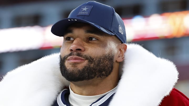 Dec 25, 2025; Landover, Maryland, USA; Dallas Cowboys quarterback Dak Prescott (4) is interviewed after defeating the Washington Commanders at Northwest Stadium. Mandatory Credit: Amber Searls-Imagn Images