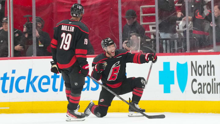 May 4, 2026; Raleigh, North Carolina, USA; Carolina Hurricanes left wing Taylor Hall (71) celebrates his game winning goal against the Philadelphia Flyers in the first overtime in game two of the second round of the 2026 Stanley Cup Playoffs at Lenovo Center. Mandatory Credit: James Guillory-Imagn Images