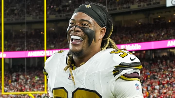 Oct 7, 2024; Kansas City, Missouri, USA; New Orleans Saints defensive end Chase Young (99) reacts during the second half against the Kansas City Chiefs at GEHA Field at Arrowhead Stadium. Mandatory Credit: Jay Biggerstaff-Imagn Images