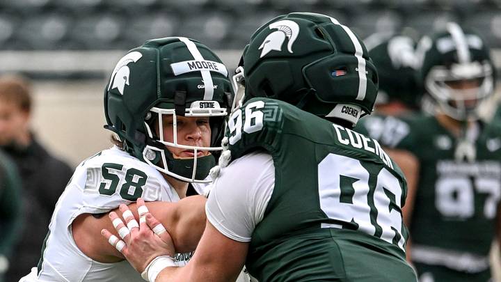 Michigan State's Conner Moore, left, blocks Eli Coenen during the football Spring Showcase on Saturday, April 18, 2026, at Spartan Stadium in East Lansing. Michigan State's Conner Moore, left, blocks Eli Coenen during the football Spring Showcase on Saturday, April 18, 2026, at Spartan Stadium in East Lansing.