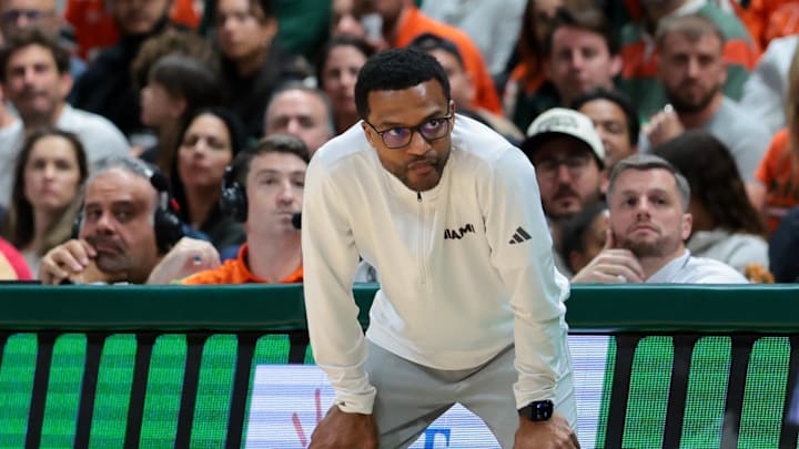 Feb 10, 2026; Coral Gables, Florida, USA; Miami Hurricanes head coach Jai Lucas looks on from sideline against the North Carolina Tar Heels during the second half at Watsco Center. Mandatory Credit: Sam Navarro-Imagn Images