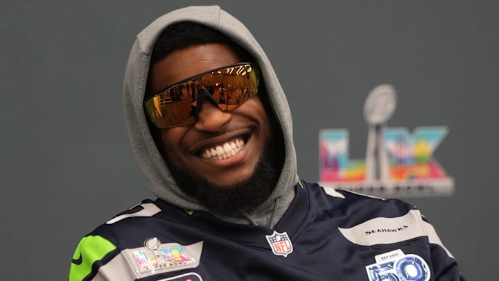 Feb 5, 2026; San Jose, CA, USA; Seattle Seahawks cornerback Devon Witherspoon (21) talks to media members at the San Jose Marriott. Mandatory Credit: Darren Yamashita-Imagn Images