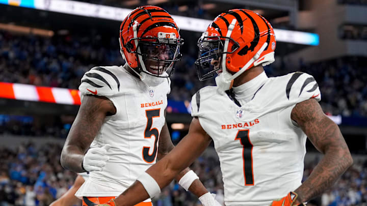 Tee Higgins, left, and Ja’Marr Chase combined for 200 receptions, 2,619 receiving yards and 27 touchdowns last season.