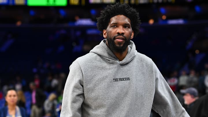 Mar 14, 2025; Philadelphia, Pennsylvania, USA; Philadelphia 76ers center Joel Embiid looks on after the game against the Indiana Pacers at Wells Fargo Center.
