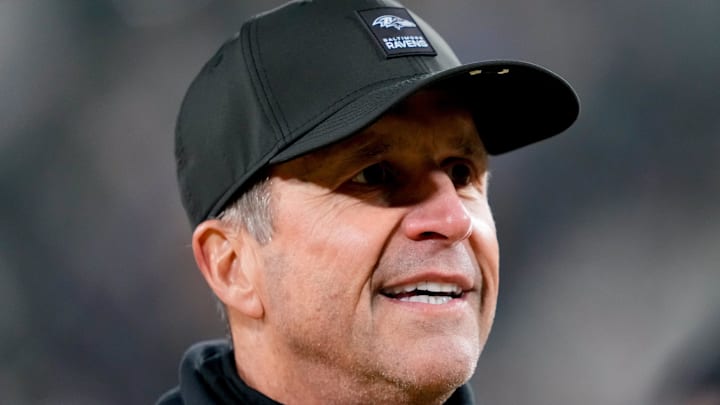 Dec 27, 2025; Green Bay, Wisconsin, USA; Baltimore Ravens head coach John Harbaugh walks off the field after the game against the Green Bay Packers at Lambeau Field. Mandatory Credit: Kayla Wolf-Imagn Images