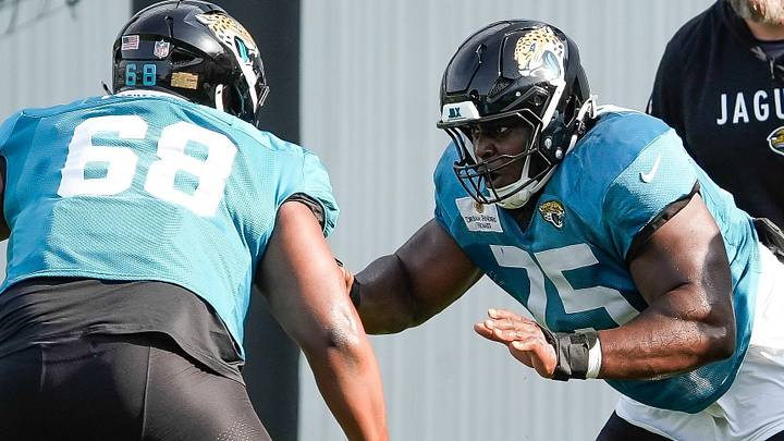 Jacksonville Jaguars Offensive Lineman Emmanuel Pregnon (75) runs a drill with during the Jacksonville Jaguars 14th session of NFL Training Camp at the Miller Electric Center in Jacksonville, Fla., Monday, August 17, 2026. Jacksonville Jaguars Offensive Lineman Emmanuel Pregnon (75) runs a drill with during the Jacksonville Jaguars 14th session of NFL Training Camp at the Miller Electric Center in Jacksonville, Fla., Monday, August 17, 2026.