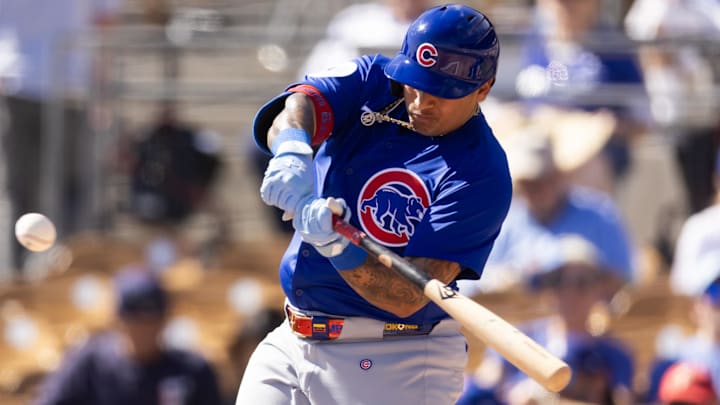 Feb 20, 2025; Phoenix, Arizona, USA; Chicago Cubs designated hitter Moises Ballesteros against the Los Angeles Dodgers during a spring training game at Camelback Ranch-Glendale. Feb 20, 2025; Phoenix, Arizona, USA; Chicago Cubs designated hitter Moises Ballesteros against the Los Angeles Dodgers during a spring training game at Camelback Ranch-Glendale.