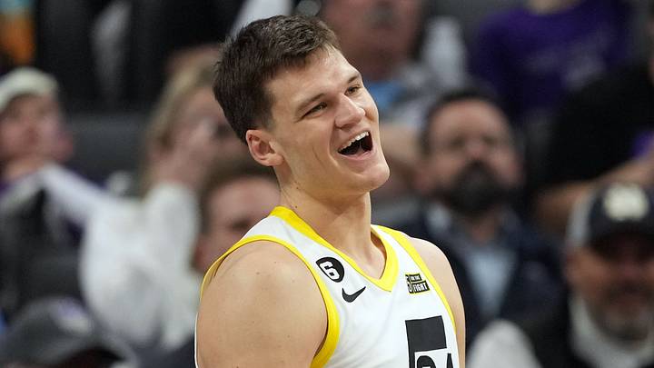 Mar 25, 2023; Sacramento, California, USA; Utah Jazz center Walker Kessler (24) reacts during the fourth quarter against the Sacramento Kings at Golden 1 Center. Mandatory Credit: Darren Yamashita-USA TODAY Sports